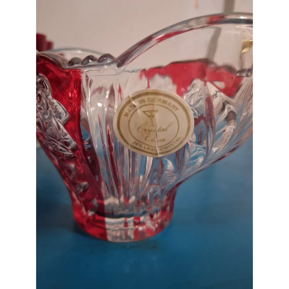 Crystal Clear Ruby Red Flash Rose Frosted Lead Crystal Bowl Made in Germany